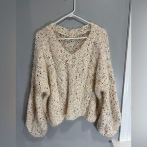 POL Oversized Chunky Fuzzy Confetti Balloon Sleeve Knit V Neck Sweater Medium